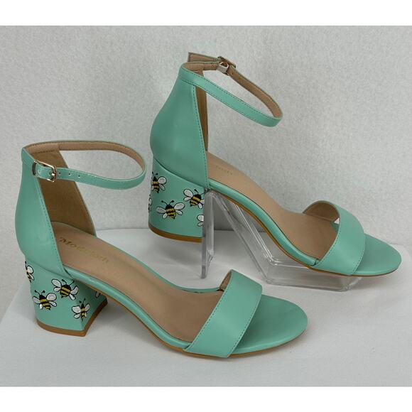 Modcloth Fun Direction Bee Embroidered Mint Heel Sandals 6 - Picture 2 of 8